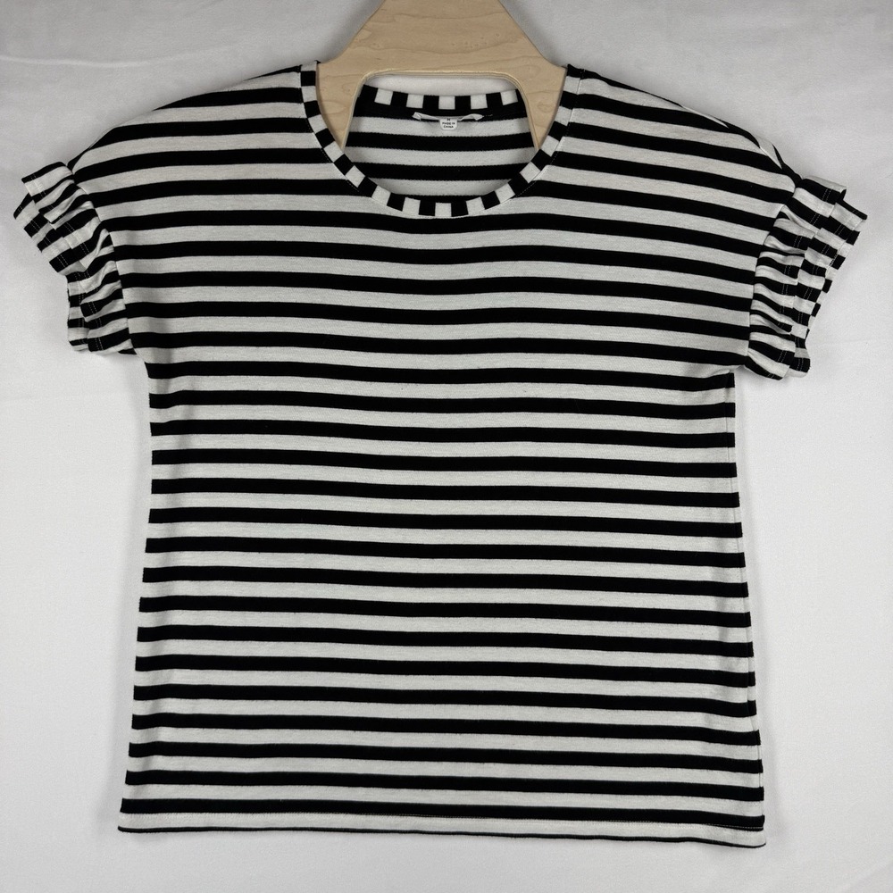 Jane + Delancey Women's M Black White Striped Ruffle Sleeve Knit Top